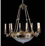 Empire-Style Bronze and Cut Glass Eight-Light Chandelier , swan-form arms, h. 33 in., dia. 29 in