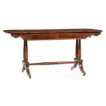 Regency Inlaid Mahogany Sofa Table , drop-leaf top, two frieze drawers, opposing false drawers,