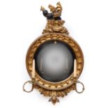 Federal Giltwood Bullseye Girandole Mirror , early 19th c., parcel ebonized winged dragon crest,