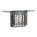 Wrought Iron and Glass Dining Table , rectangular glass top, octagonal base, beaded oval frieze,