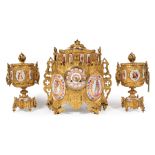 Napoleon III Gilt Bronze and Porcelain-Mounted Three-Piece Clock Garniture , c. 1870, movement