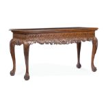 Irish-Style Burled and Inlaid, Carved Mahogany Console , molded top, wave frieze, pierced foliate