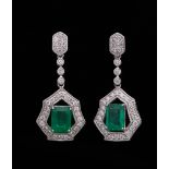 Pair of Platinum, Emerald and Diamond Dangle Earrings , center prong set rectangular step cut