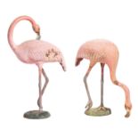 Pair of Cast Iron Garden Figures of Flamingos , naturalistic base, taller h. 23 3/4 in., w. 6 in.,