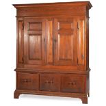 American Pine Kas , likely 19th c., cyma cornice, extended frieze, two raised panel doors, shelf