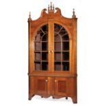 Antique Cherrywood Corner Cabinet , poss. New England, broken arch pediment with finials, arched
