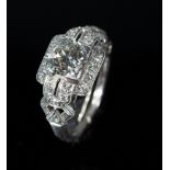 Art Deco Platinum and Diamond Ring , set with approx. 1.63 ct. Old European cut diamond, K color,