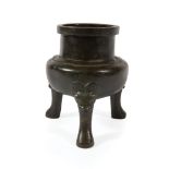 Chinese Bronze Ding-Form Tripod Censer , probably Ming Dynasty (1368-1644), tall cylindrical neck,