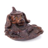 English Carved Walnut Figural Inkwell , early 20th c., dog bust with glass eyes, hinged lid, shell-