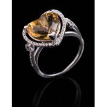 14 kt. White Gold, Citrine and Diamond Ring , center raised prong set heart-shape mixed cut