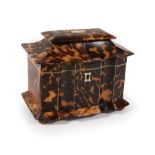 Antique English Tortoiseshell and Inlaid Sarcophagus-Form Tea Caddy , mid-19th c., serpentine front,