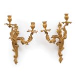 Pair of Louis XV-Style Gilt Bronze Two-Light Sconces , foliate design, electrified, h. 16 in., w. 11