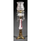 Good Antique English Gilt Bronze and Cased Glass Lamp , mid-19th c., white cut to cranberry baluster