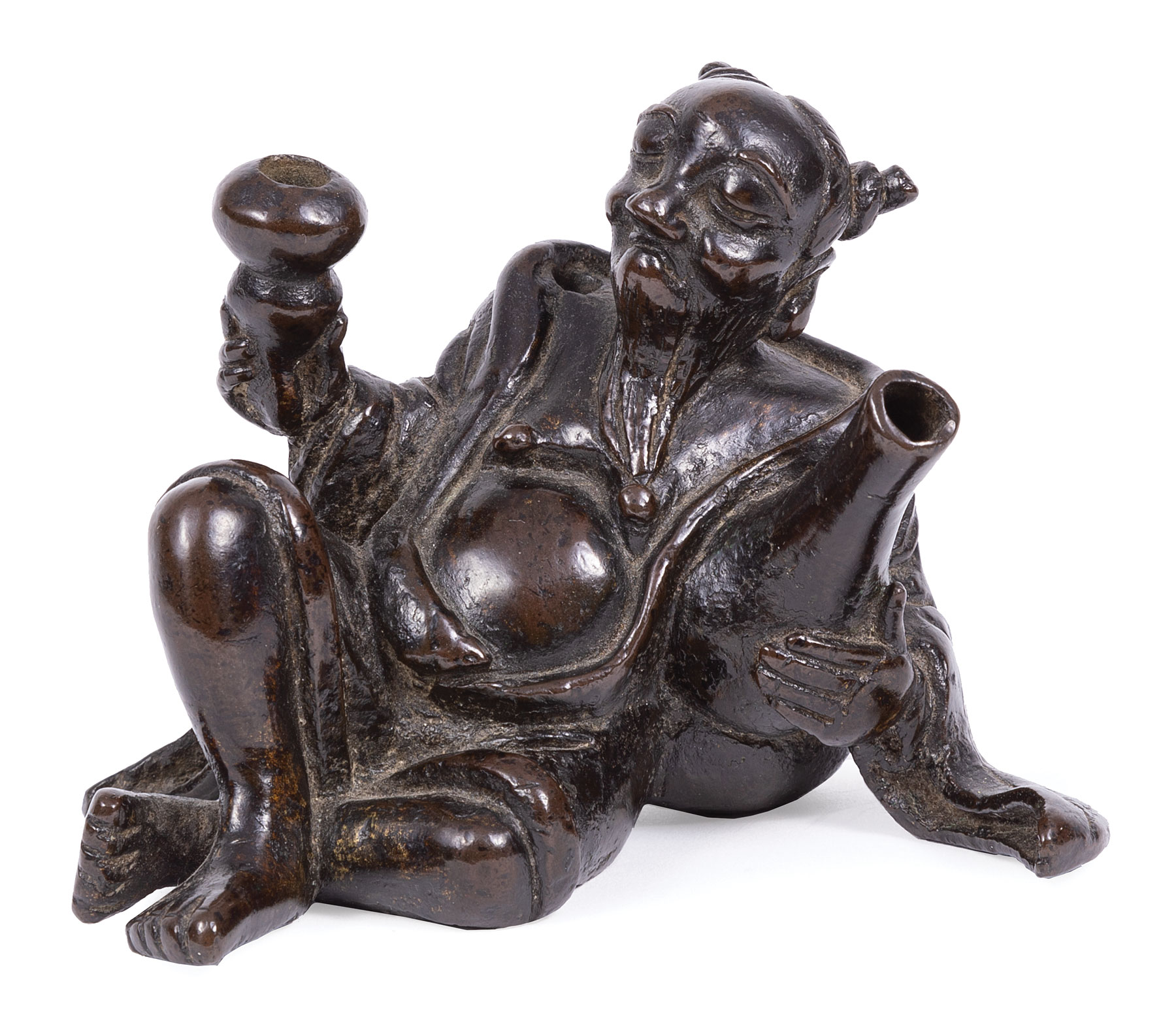 Chinese Bronze Figure of the Drunken Daoist Immortal Han Zhongli , probably Ming Dynasty (1368-