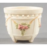 Ivory Weller Polychrome Pottery Jardiniere and Centerpiece , 20th c., former, marked, pierced rim,
