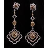 Pair of 14 kt. White, Yellow and Rose Gold and Multi Colored and Colorless Diamond Dangle Earrings ,