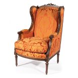 Louis XVI-Style Carved Mahogany Bergere a Oreilles , bowknot crest, padded acanthus carved arms,