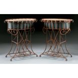 Four Oval Wrought Iron Jardinieres , each with liner, scrollwork stand, oxidized surface, note:
