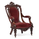American Rococo Carved Mahogany Armchair , pierced rocaille crest, padded arms, egg and dart seat