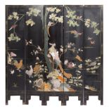 Chinese Soapstone Embellished Black Lacquer Five Panel Screen , late 19th/early 20th c., decorated