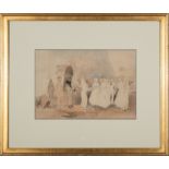 Southern School, 19th c ., "Outdoor Gathering", watercolor on paper, unsigned, pencil-inscribed en