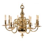 Antique Dutch Brass Eight-Light Chandelier , 19th c., vasiform standard, scroll arms, electrified,