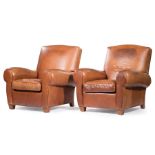 Pair of Art Deco-Style Leather Armchairs , shaped back, rolled arms, square tapered legs, h. 36 in.,