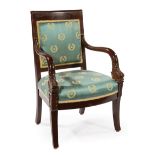 Charles X-Style Child's Mahogany Fauteuil , scrolled crest rail, dolphin arm supports, silk