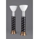 Pair of Ebonized Wood, Brass and Aluminum Lamps Attributed to James Mont (Turkish/American, 1904-