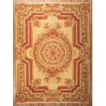 French Aubusson-Style Carpet , pale yellow ground, cartouche design in red and green, 8 ft. 5 in.