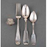 Group of American Coin Silver Flatware , incl. 3 fiddle typt soup spoons and 1 dessert spoon, E.