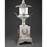 French Silverplate Campagna Urn Lamp , 19th c., plinth base, applied laurel wreath panels, foliate