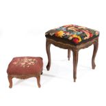Two Louis XV-Style Carved Walnut Stools , needlepoint cushions, nailhead trim, cabriole legs ,