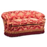 Edwardian-Style Claret Silk Damask Love Seat , bullion fringe , h. 31 in., w. 64 1/2 in., d. 36 in