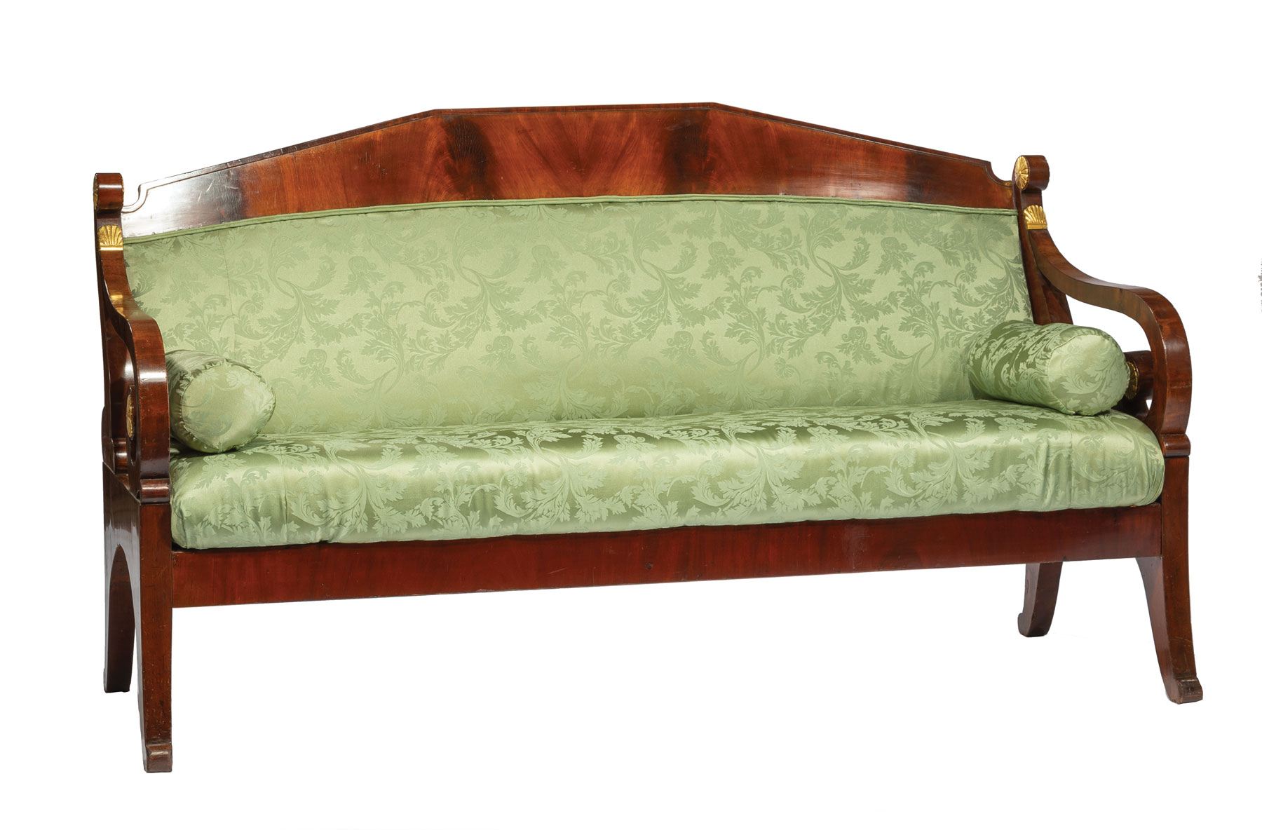 Continental Neoclassical Mahogany Settee , 19th c., gilt rosette and palmette decoration, pedimented