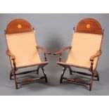 Pair of Louisiana Inlaid Mahogany Campeche Chairs , demilune crest, diminutive finials, flate