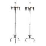 Pair of Gothic-Style Wrought Iron Seven-Light Floor Candelabra , cabriole legs, h. 70 in., dia. 18