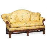 Antique Chinese Chippendale-Style Settee , 20th c., camel back, rolled arms, foliate and floral