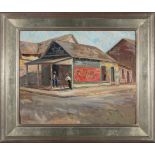 Aleen Aked (Canadian/Florida, 1907-2003) , "Corner Store", oil on canvas board, monogrammed,