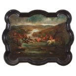 English Tole Peinte Tray , 19th c., depicting a fox hunt through a riverscape, h. 22 1/2 in., w.