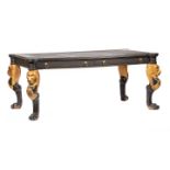 Empire-Style Carved, Ebonized and Parcel Gilt Partner's Desk , shaped reeded top with inset tooled