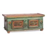 Antique Dutch Polychromed Blanket Chest , two board top, decorated with floral plaques and floral