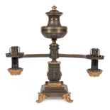 American Late Classical Bronze Double-Arm Argand Lamp , c. 1835, labeled "B. GARDINER/N.YORK",