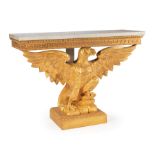 Pair of Continental Giltwood Spreadwing Eagle Consoles , each with marble top, Greek key frieze,