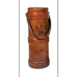 English Leather Shot Bucket , swing handle, canvas-lined interior, remnants of British crest, h.