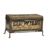 Large China Trade Painted Leather Trunk , 19th c., nailhead trim, bail handles, decorated with