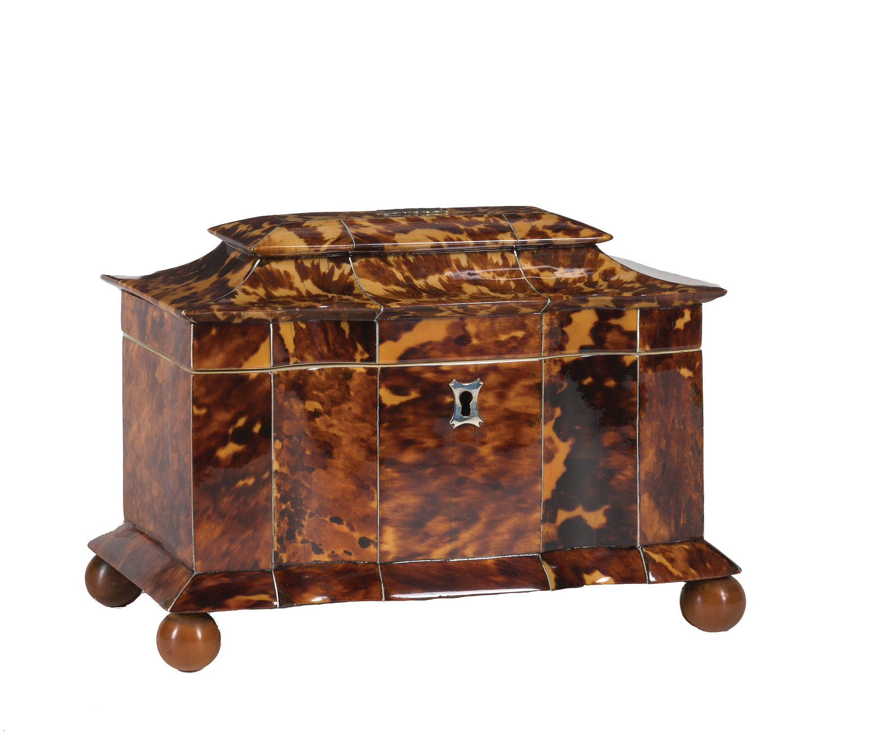 George III Tortoiseshell Sarcophagus-Form Tea Caddy , early 19th c., interior with two lidded