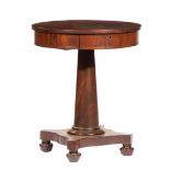 American Classical Diminutive Mahogany Center Table , 19th c., single frieze drawer, tapered
