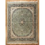 Turkish Carpet , light teal ground, central medallion, overall vining design, 9 ft. x 12 ft