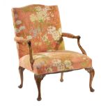 Regence-Style Fauteuil a la Reine , padded arms, acanthus carved cabriole legs, h. 38 in., w. 28